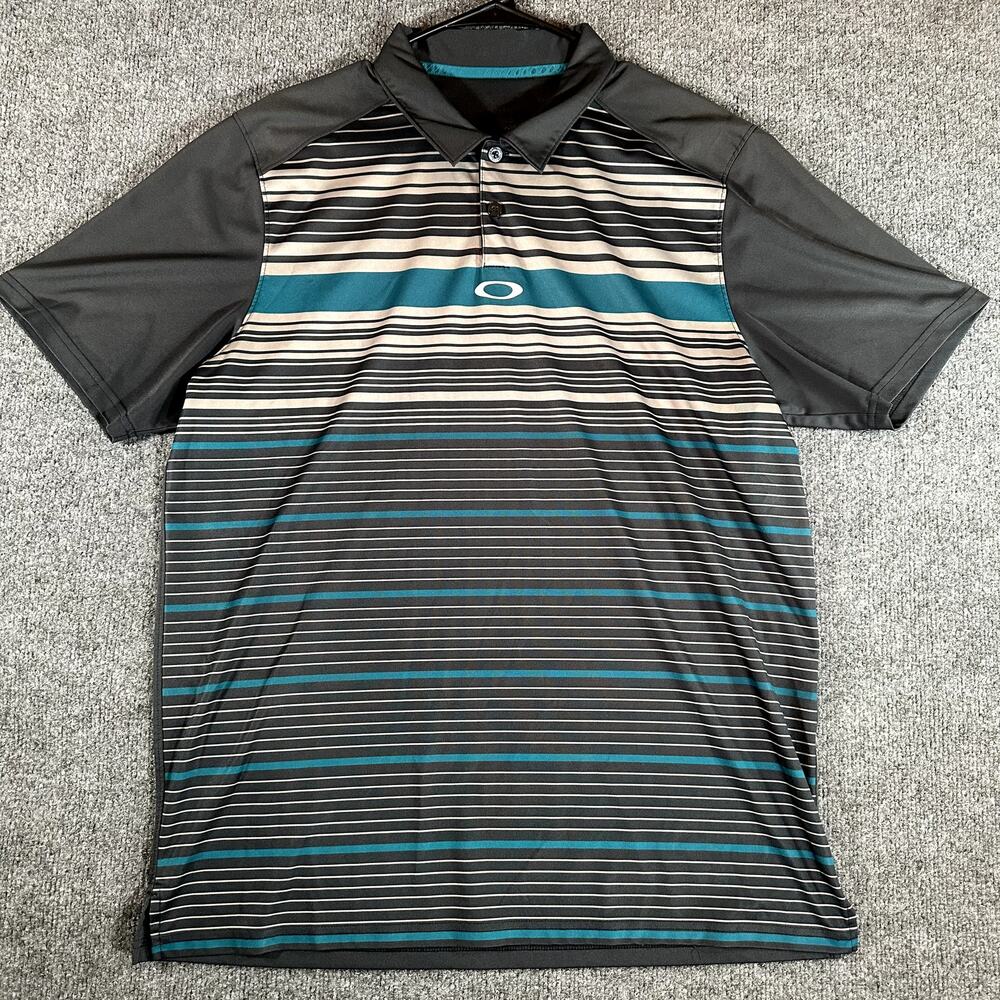 Oakley Hydrolix Mens L Golf Polo Gray Teal Striped Performance Shirt